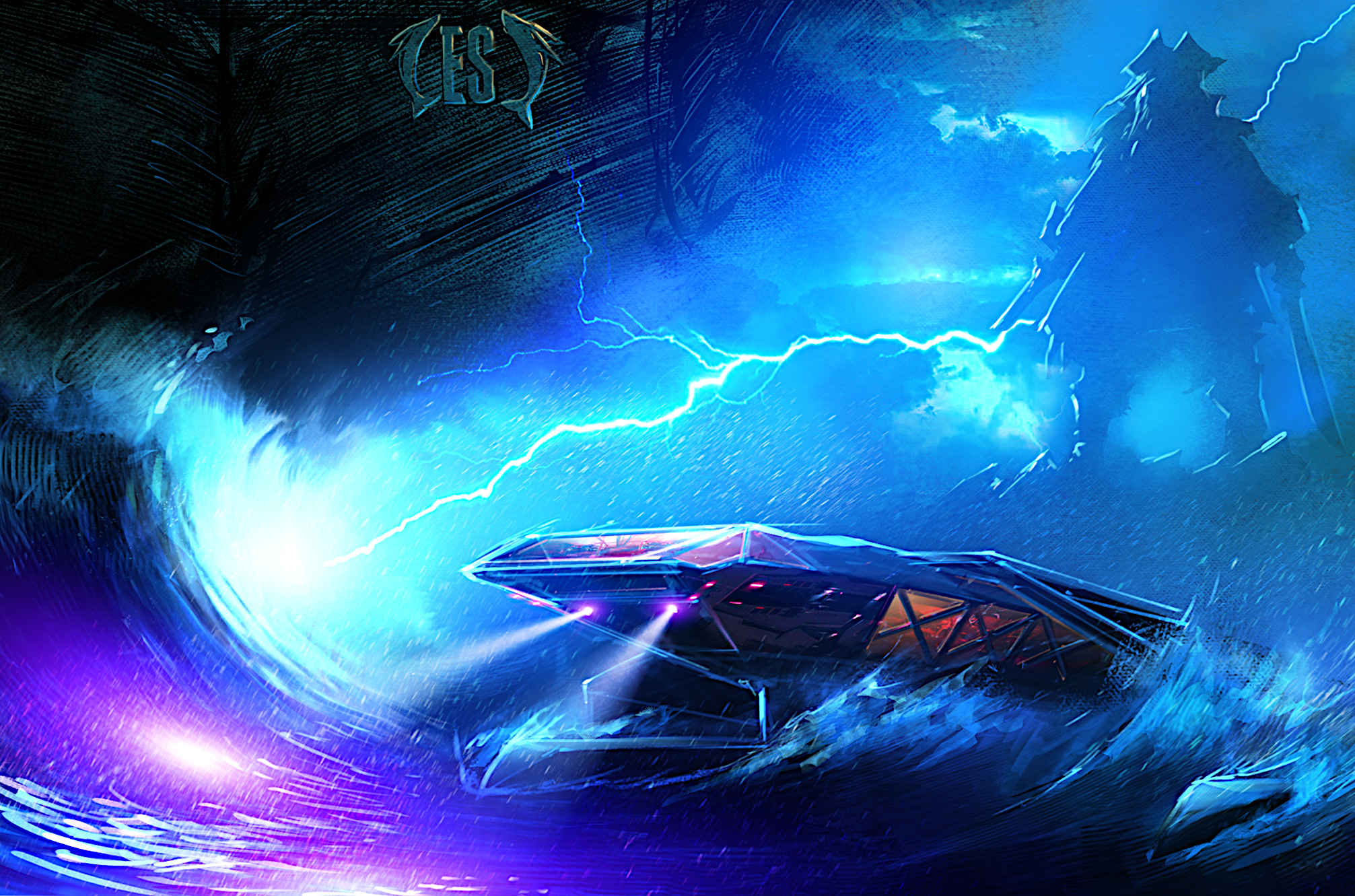 Elizabeth Swann in a storm with lightning and Treasure Island in the background